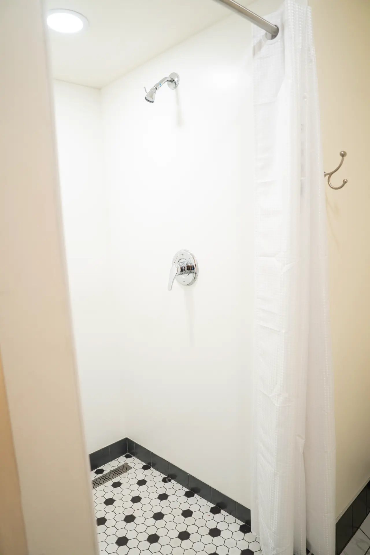 Walk-in shower with hexagon tile floor