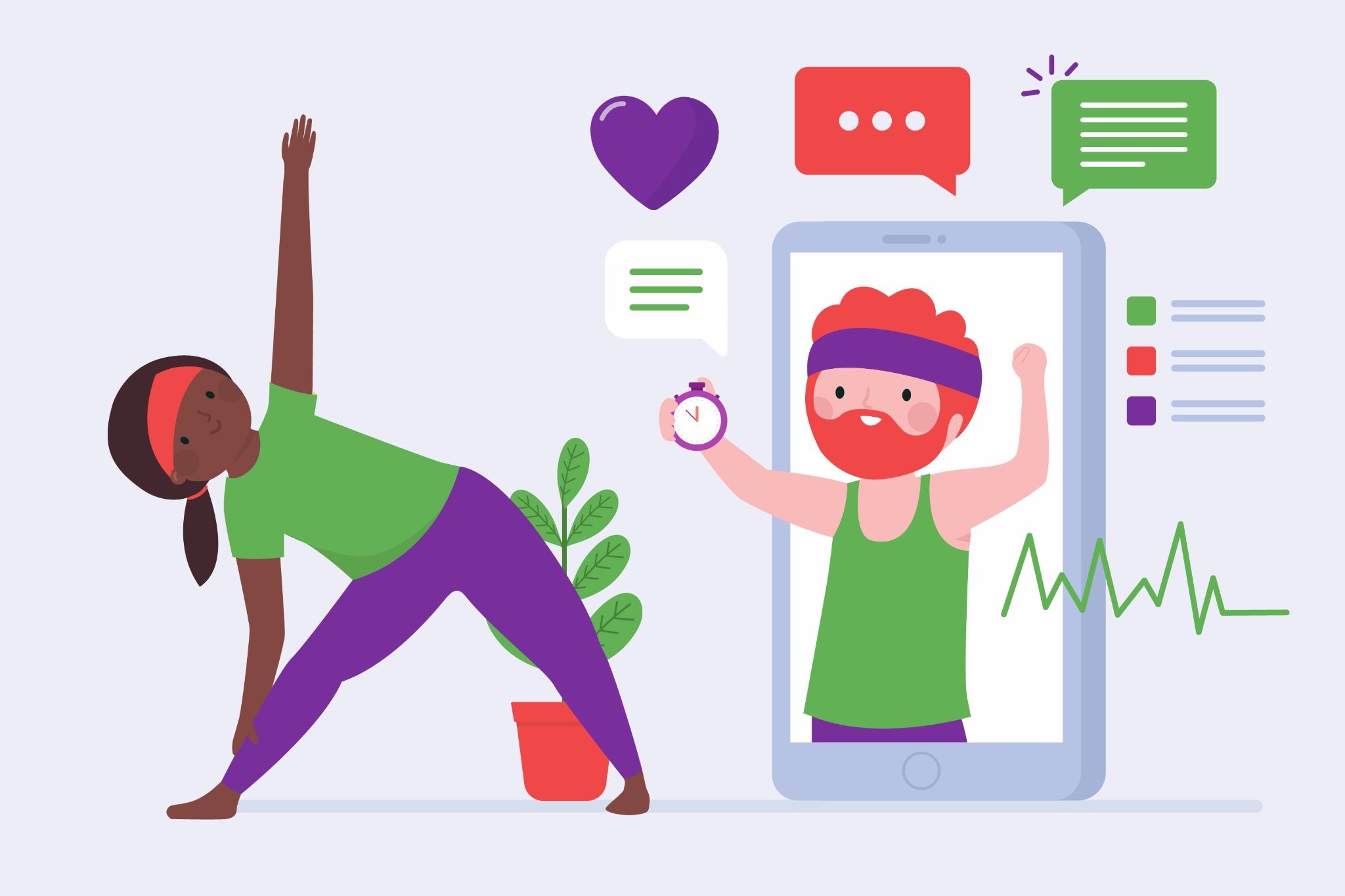 Fitness creator coaching yoga follower via mobile app with chat bubbles and heart rate data