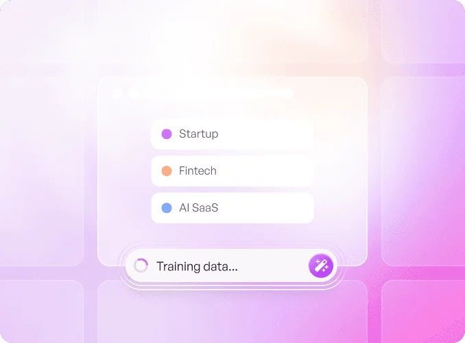 This image features a pastel-colored digital interface displaying a search bar labeled "Training data..." and options for "Startup," "Fintech," and "AI SaaS," set against a softly blurred gradient background.