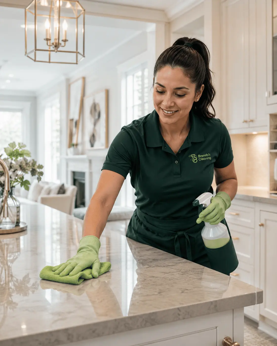 A female residential window washing professional with Brenda's Cleaning service using a hand squeegee to clean a large exterior house window. She is holding a blue microfiber cloth in her other hand and wearing a company-branded navy blue polo shirt, black trousers, and blue protective gloves. The scene illustrates local home maintenance, professional streak-free window cleaning, and maid services outside a brick house with manicured green bushes and hydrangeas on a bright day.