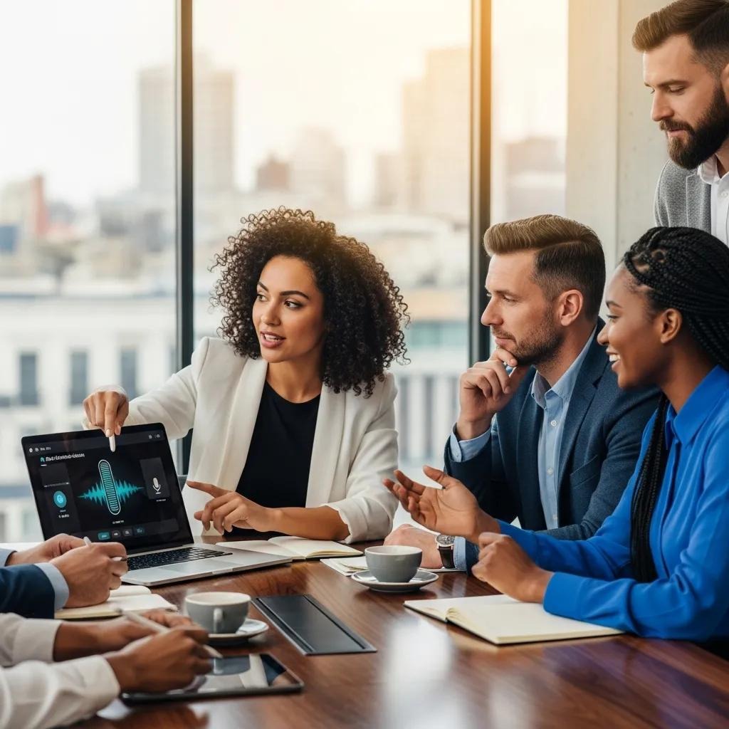 Professionals discussing AI voice assistants in a modern office setting