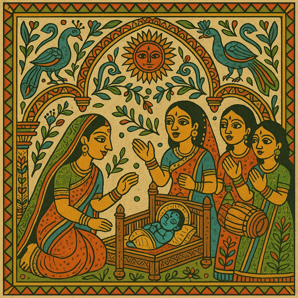 new born baby in cradle surrounded by family members