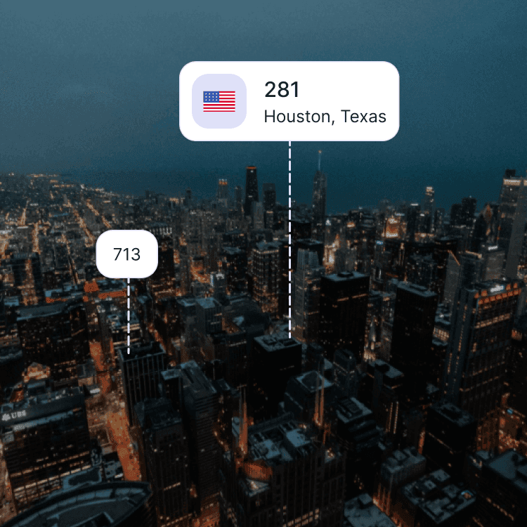 City skyline of Houston showing the 281 area code and surrounding area codes