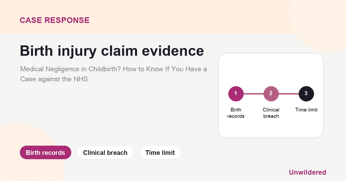 Explainer card for What Is Medical Negligence in Childbirth? How to Know If You Have a Case against the NHS: Birth records, Clinical breach, Time limit.