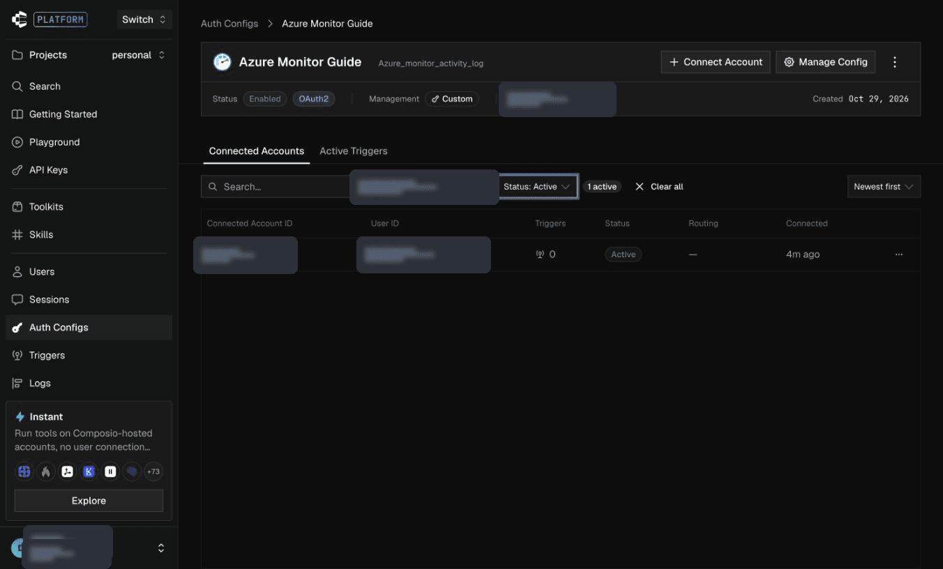 Azure Monitor connected account showing Active