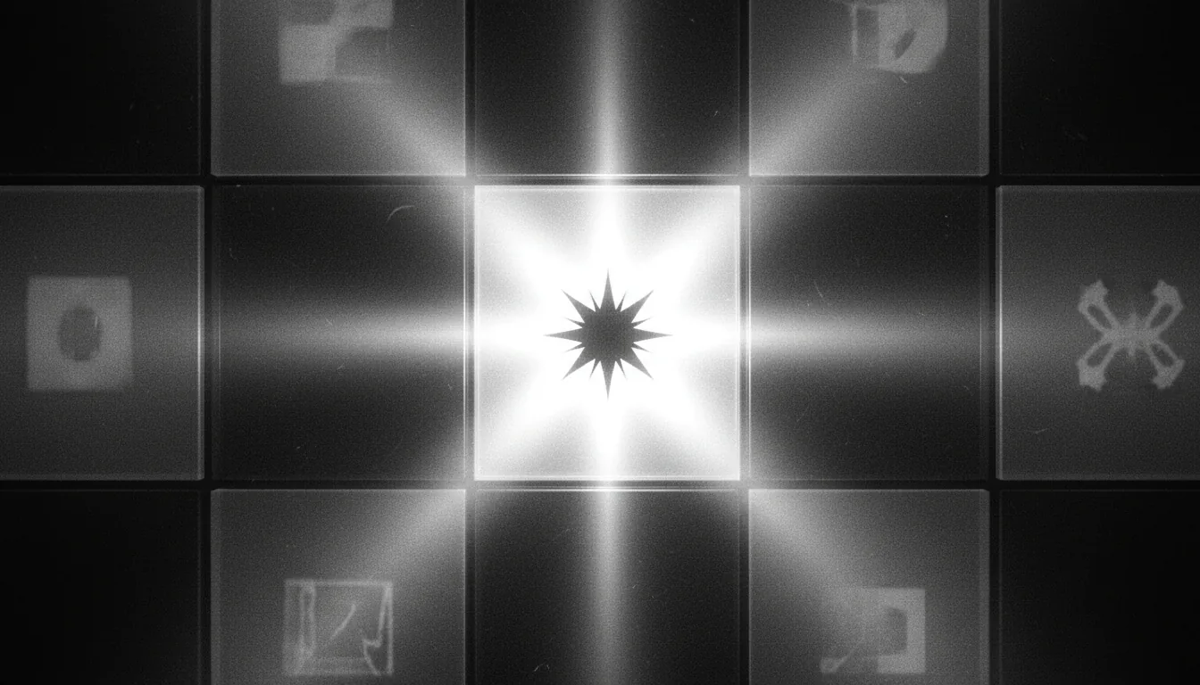 3D render of an abstract technological scene, monochrome, heavy film grain. A central, vertical, frosted glass tile glows with intense white light, casting volumetric god rays against a dark background. Inside the glowing tile is a dark, sharp, multi-pointed starburst silhouette. A grid of similar, dimmer, out-of-focus tiles surrounds the central point, some containing faint abstract shapes, creating a shallow depth of field. Cinematic, high-contrast lighting.