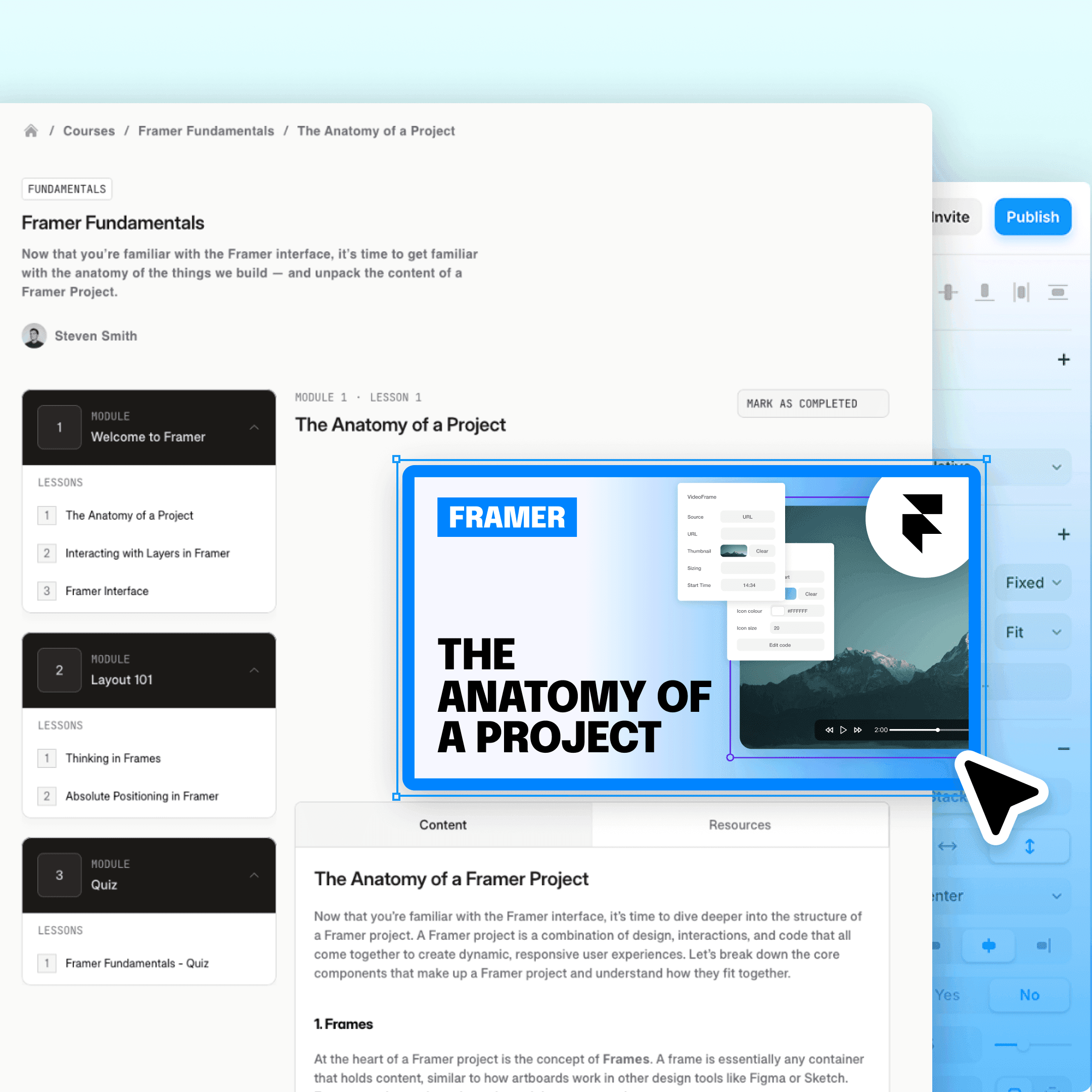 Building a Online Course page in Framer using no-code website builder