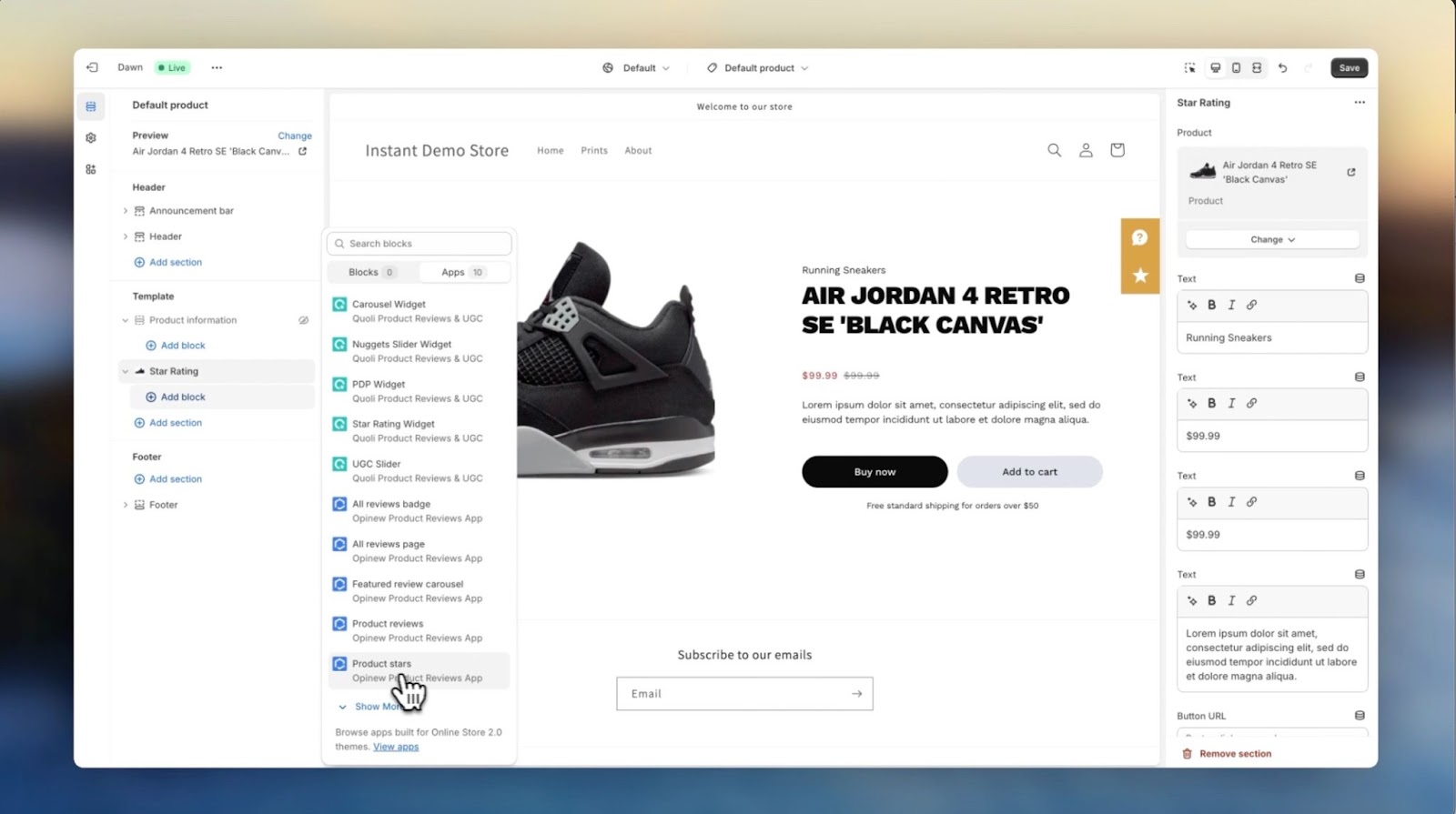 adding opinew to shopify page