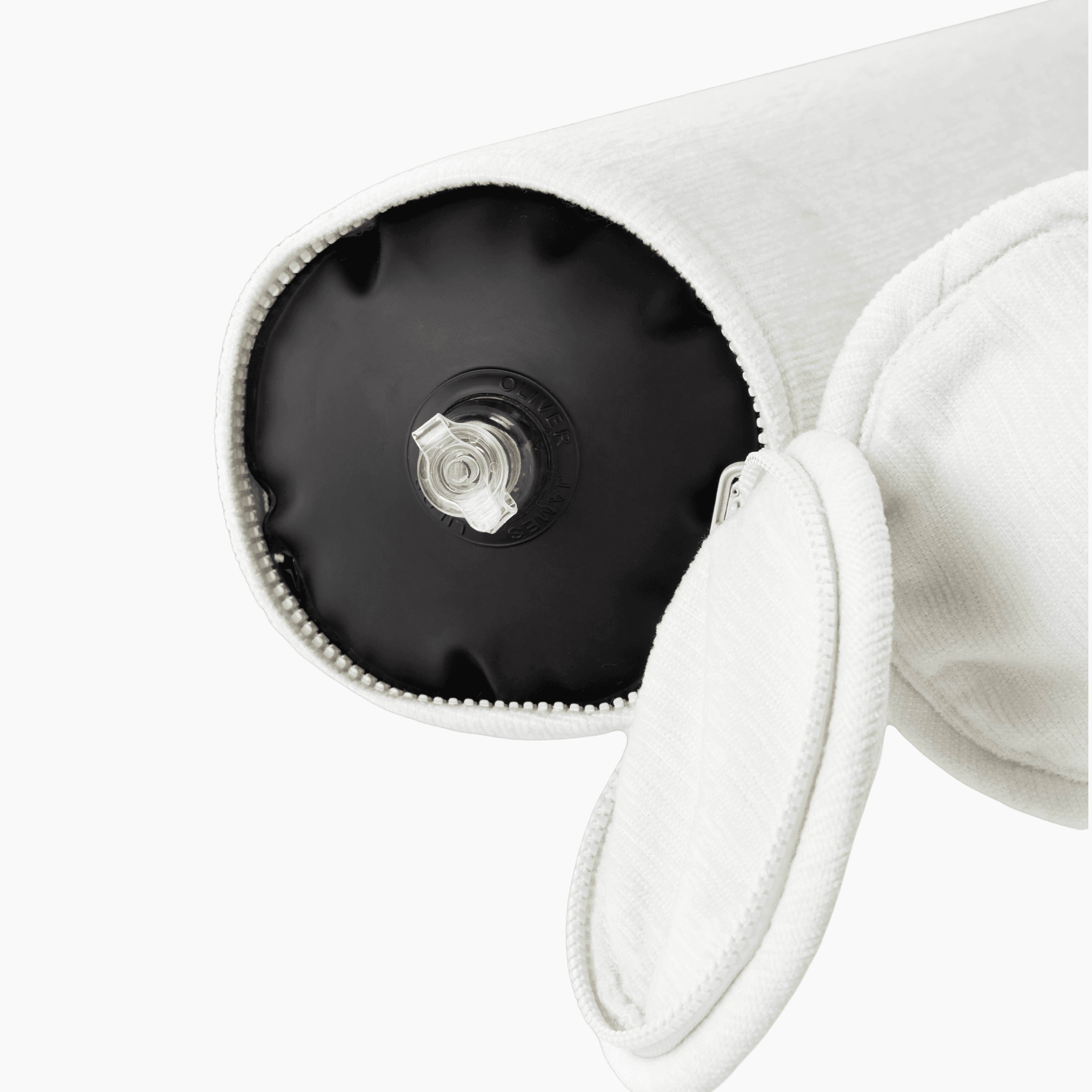 Close-up of hammock pool float showing white chenille weave, inflation valve, and white hardware