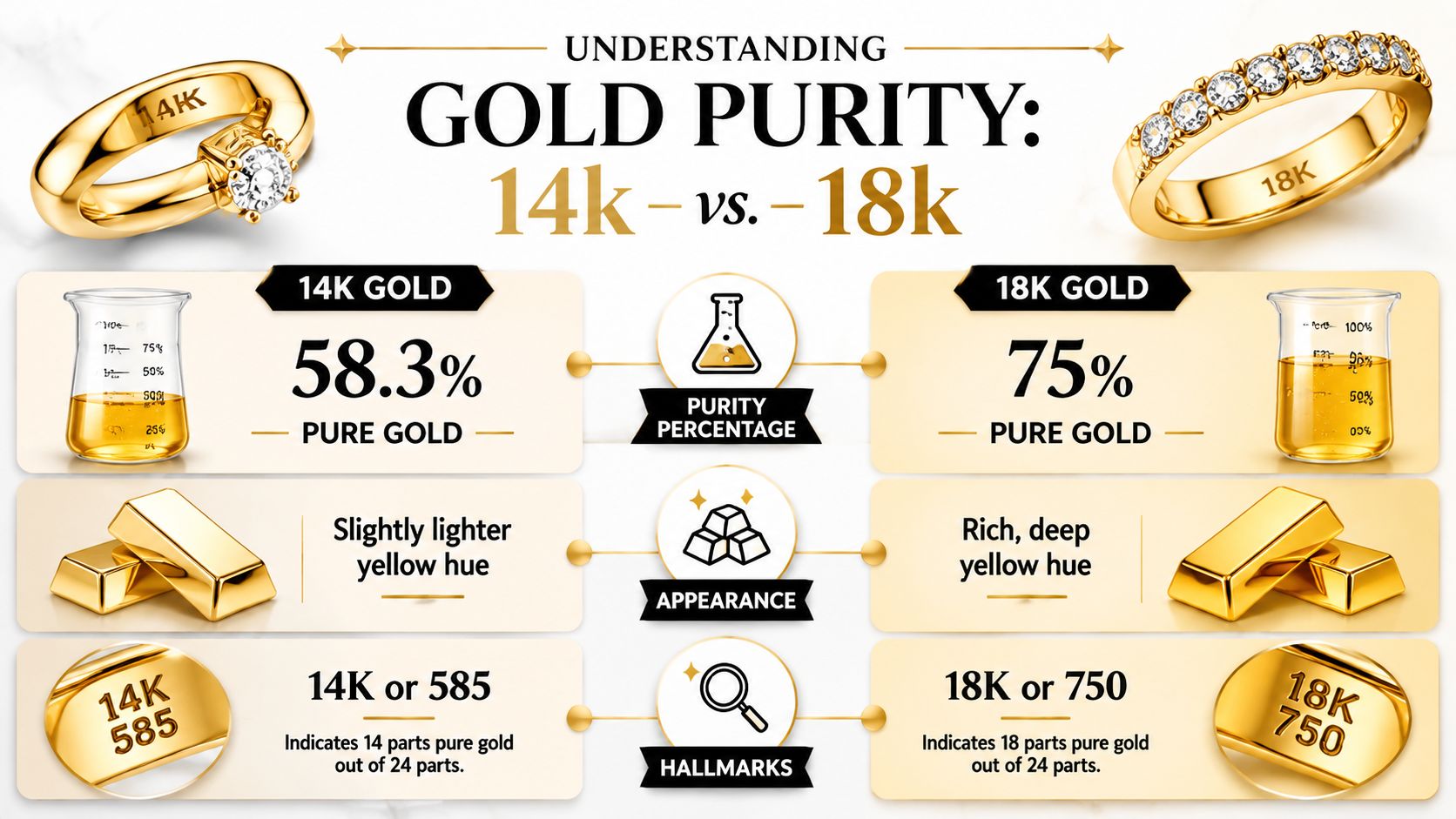 An infographic comparing 14k and 18k gold purity, showing percentages, appearance differences, and common hallmark stamps.