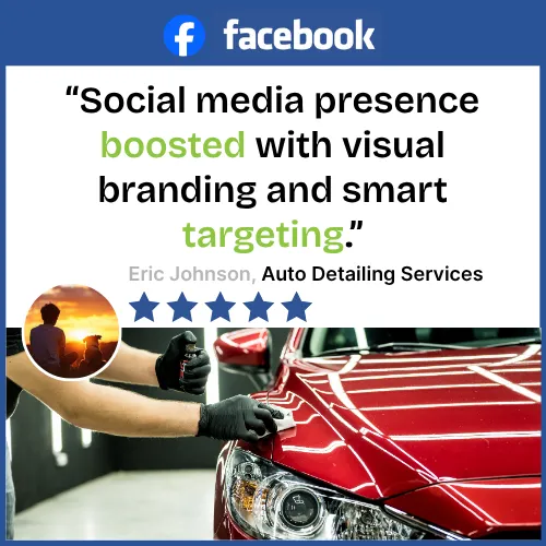 Facebook testimonial for auto detailing services with a red car and 5-star rating.