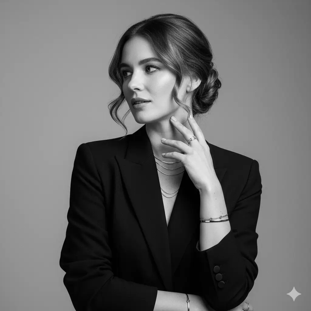 AI-generated sophisticated female black and white portrait wearing statement jewelry and professional black blazer, thoughtful pose against neutral background, showcasing elegant portraiture by Mahendra