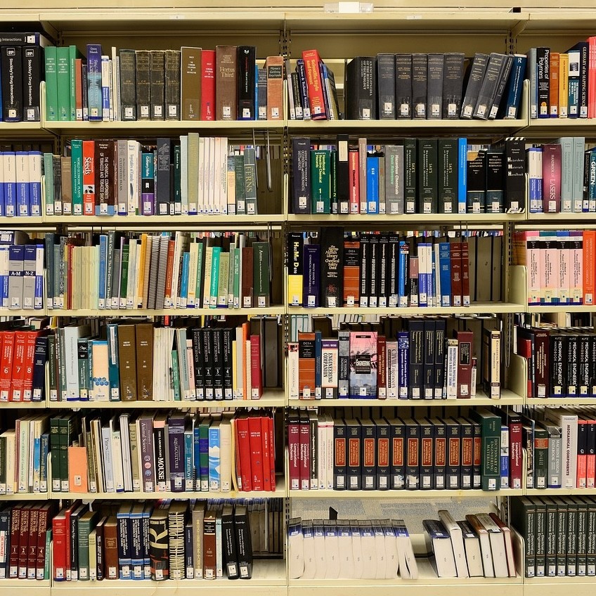 A shelf of books at a library.