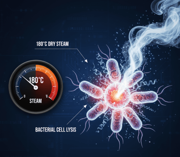 180C dry steam kills 99.9% of bacteria