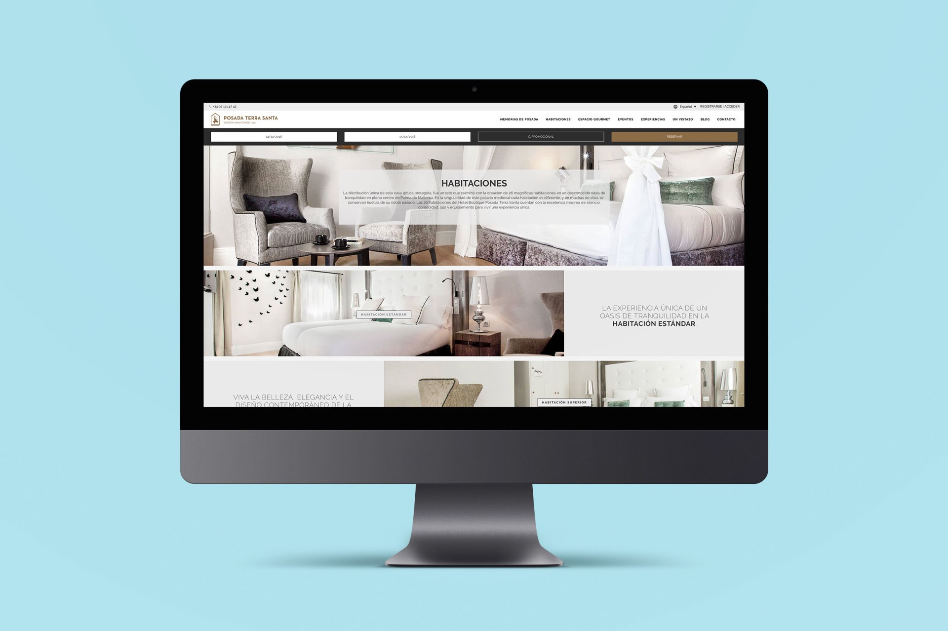 Pantalla de computadora mostrando diseño web de Posada Terra Santa con imágenes elegantes de habitaciones.