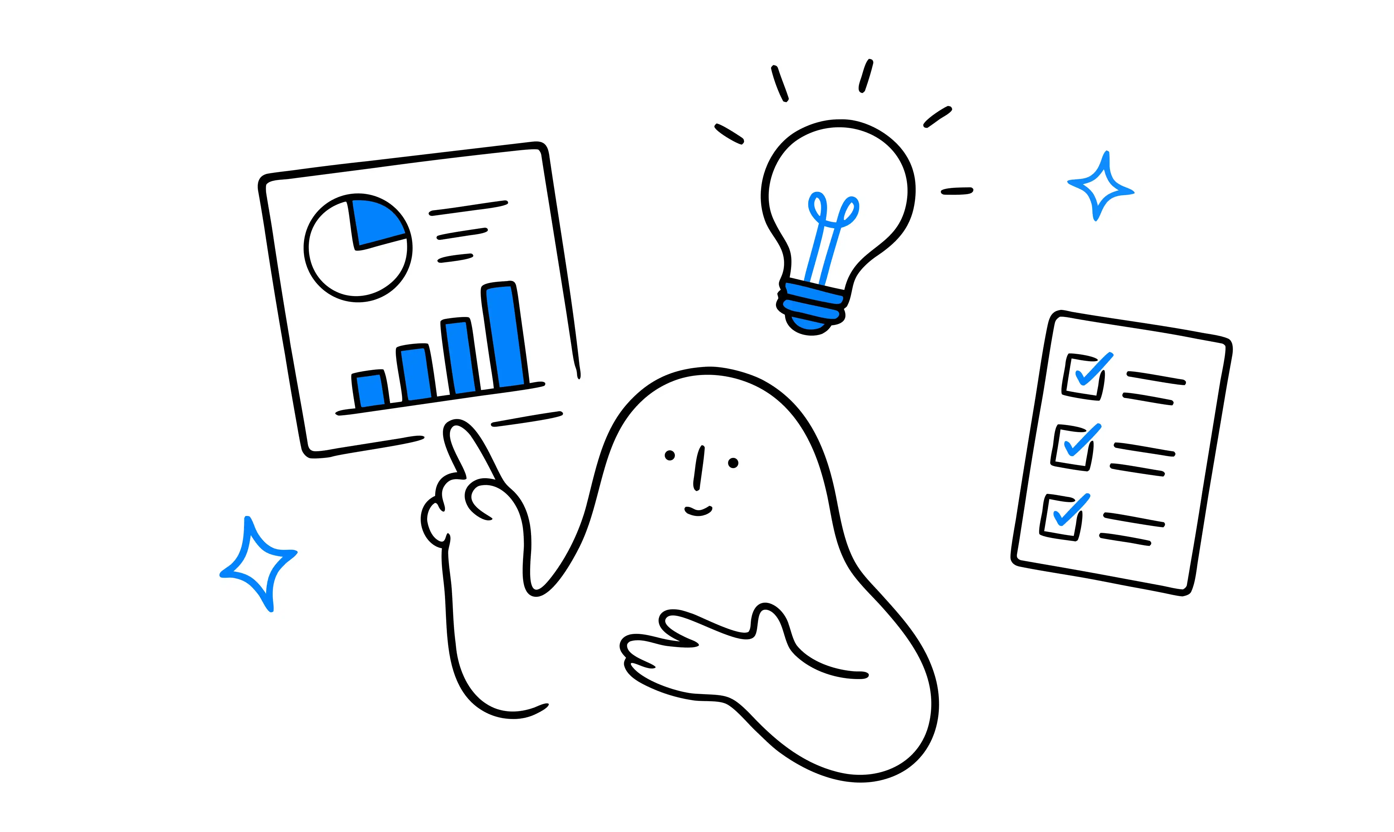 Illustration of Supernormal's mascot surrounded by reports, ideas, and checklists, representing AI-powered meeting deliverables for consultants