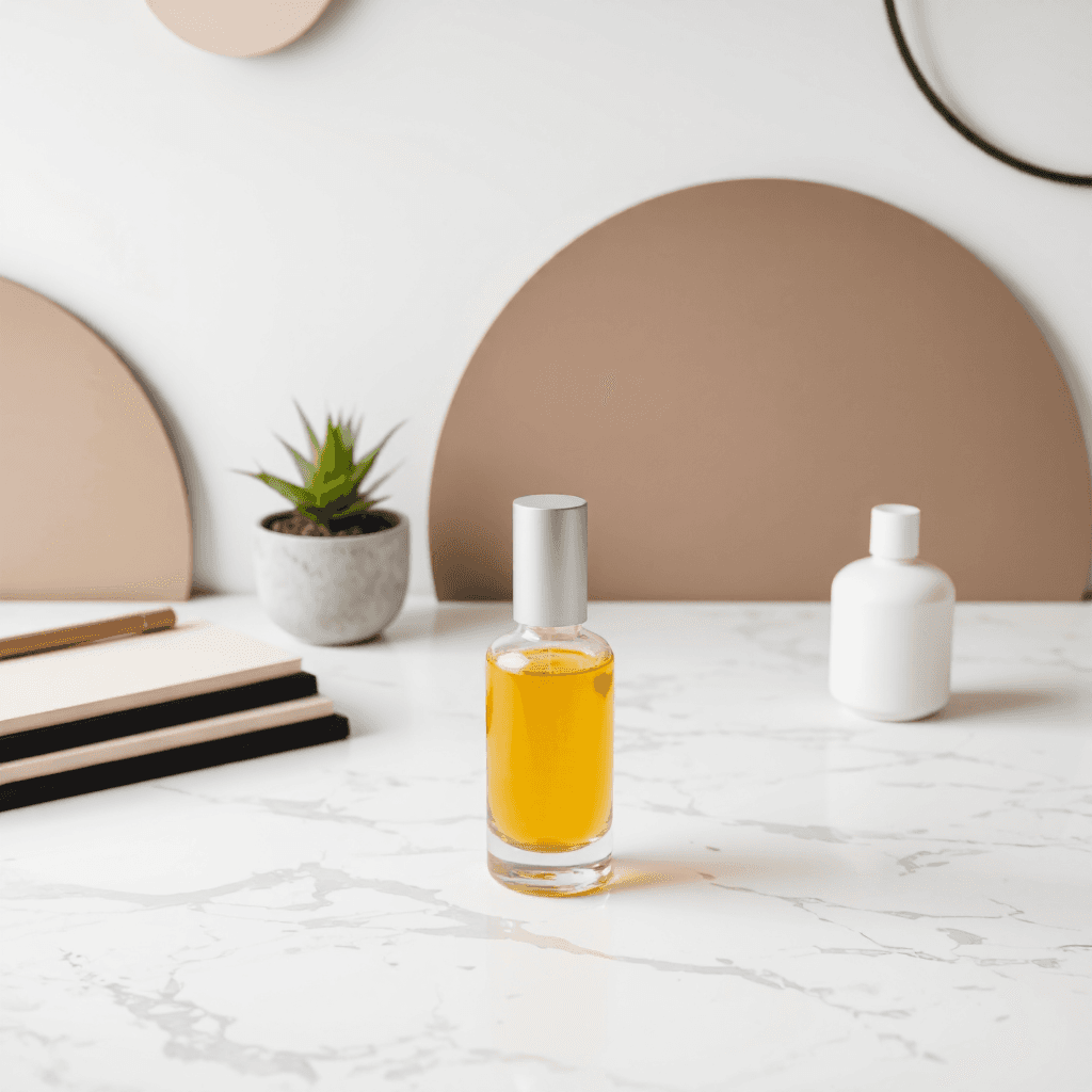 product photography of bottle of clear yellow liquid