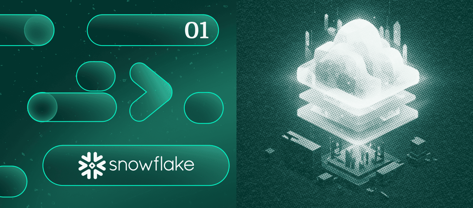 Snowflake graphic number 01, featuring a central glowing cloud icon layered over stacked data platforms.