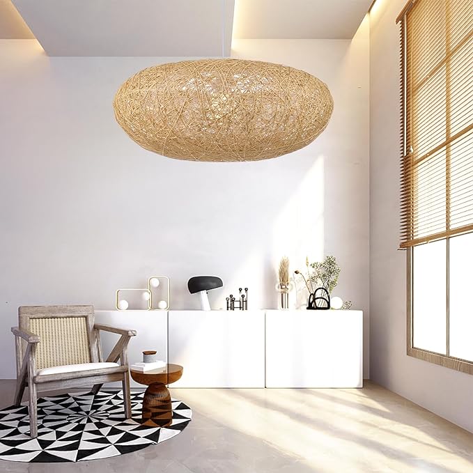 Large rattan chandelier enhances the room with its unique design.