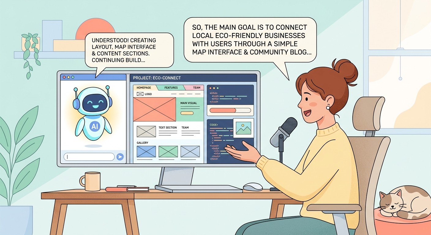 Flat illustration of a person describing an idea to an AI assistant building a website