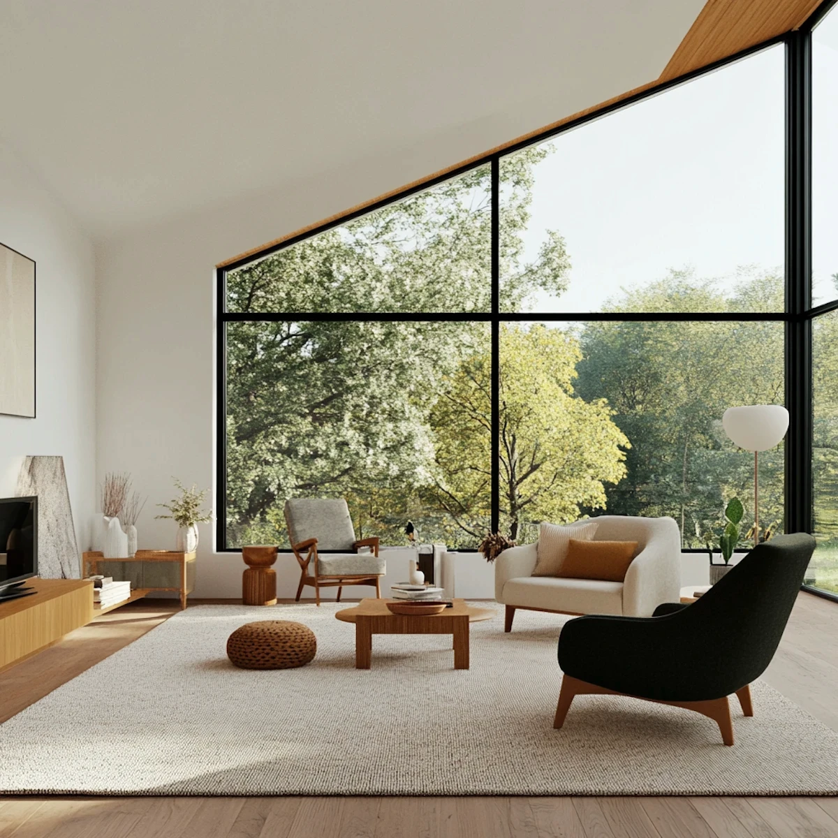 Bright dining space with a large window looking out onto lush green trees.