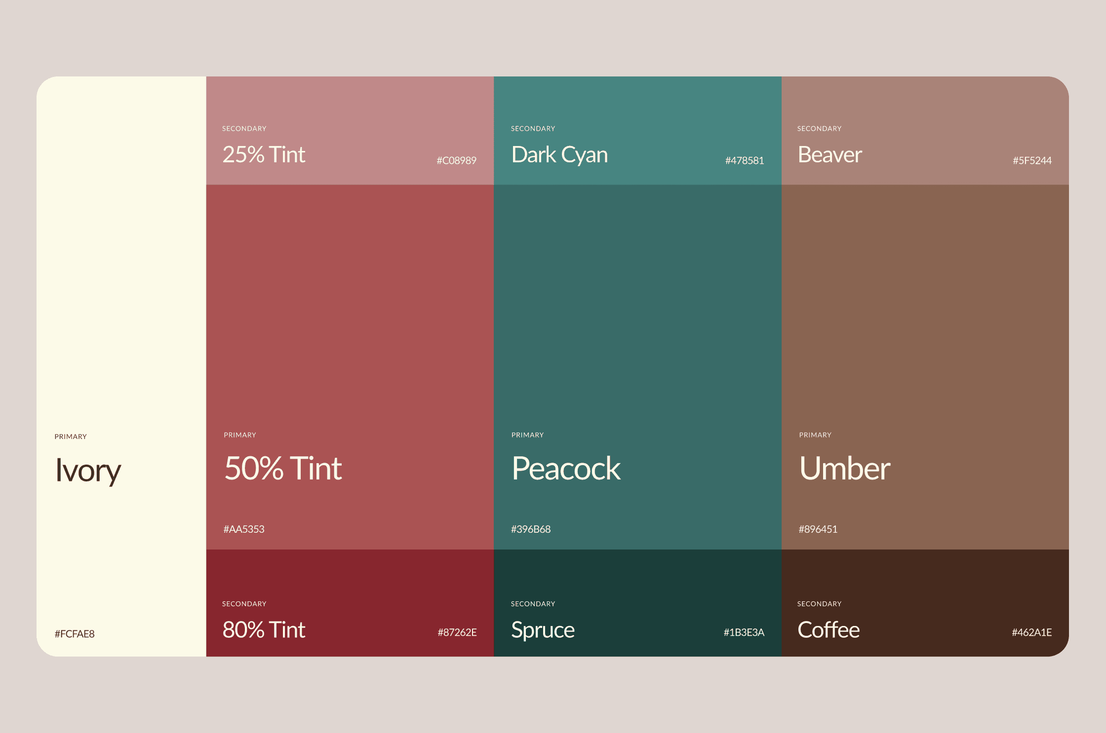 Zenni brand color palette featuring Ivory, red tints (25%–80%), Peacock and Spruce greens, and Umber and Coffee browns with hex codes