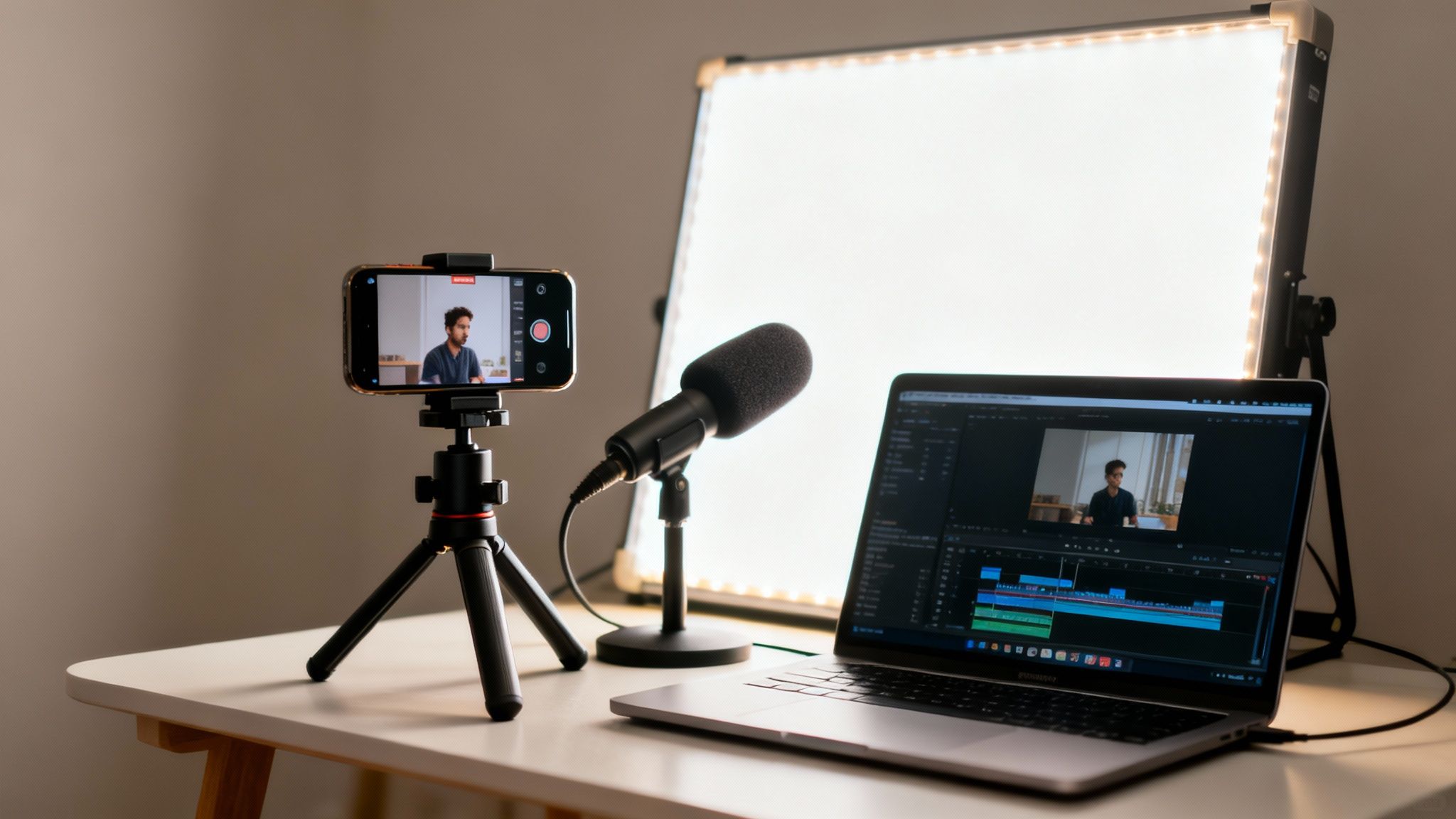 A video recording and editing setup with a smartphone on a tripod, microphone, laptop, and LED light.