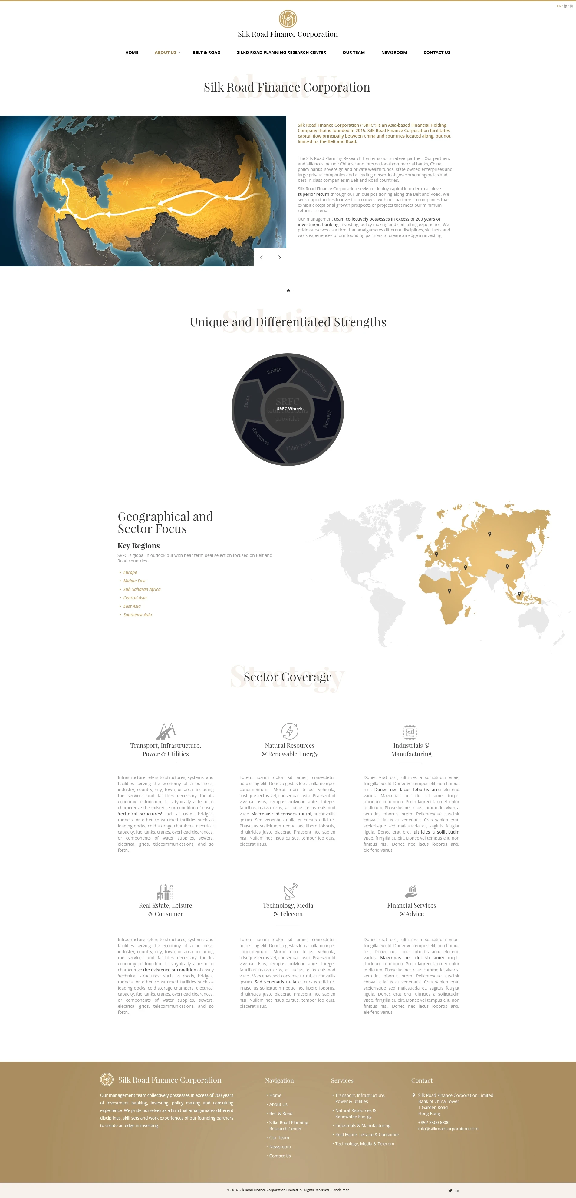 Page À propos du site Silk Road Finance Corporation, carte des régions et secteurs d'investissement