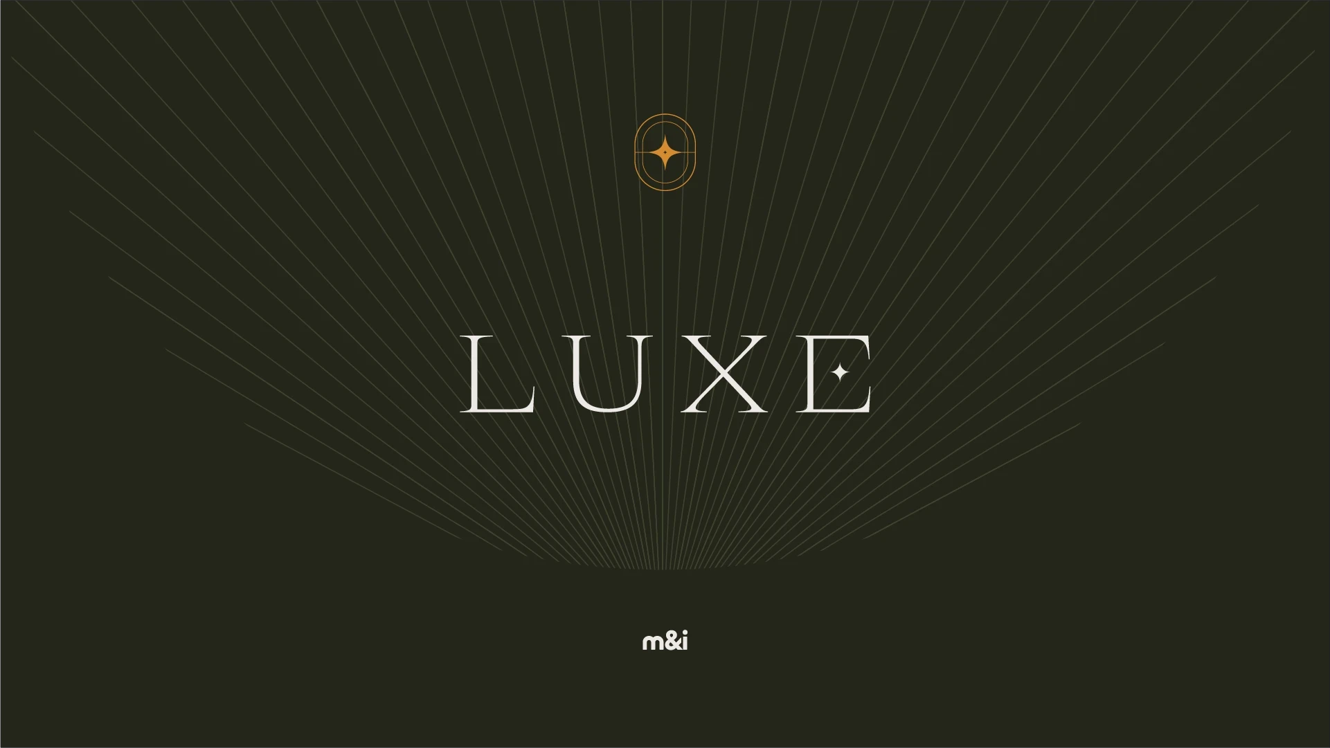 LUXE identity artwork with a gold emblem and radiating lines on deep green