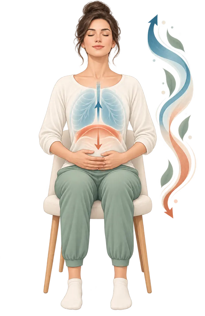 Personne assise confortablement, épaules relâchées, réalisant une respiration lente et régulière.