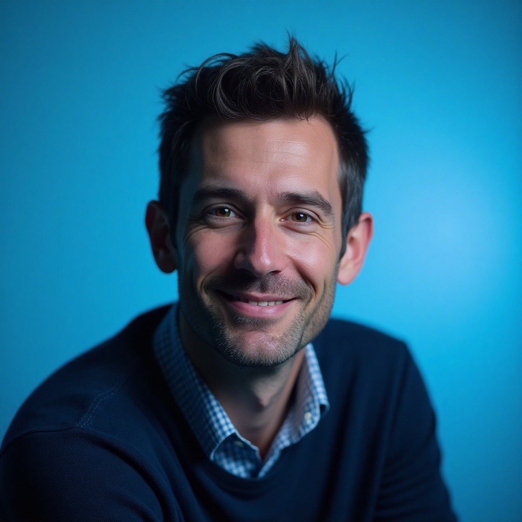 Testimonial photo of midle age man in blue sweater