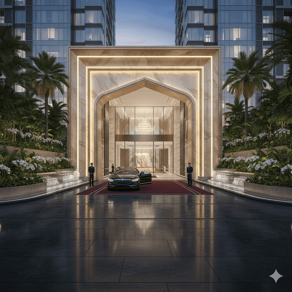 M3M 105 opulent lobby entrance, luxury residential drop-off area, Noida Sector 105