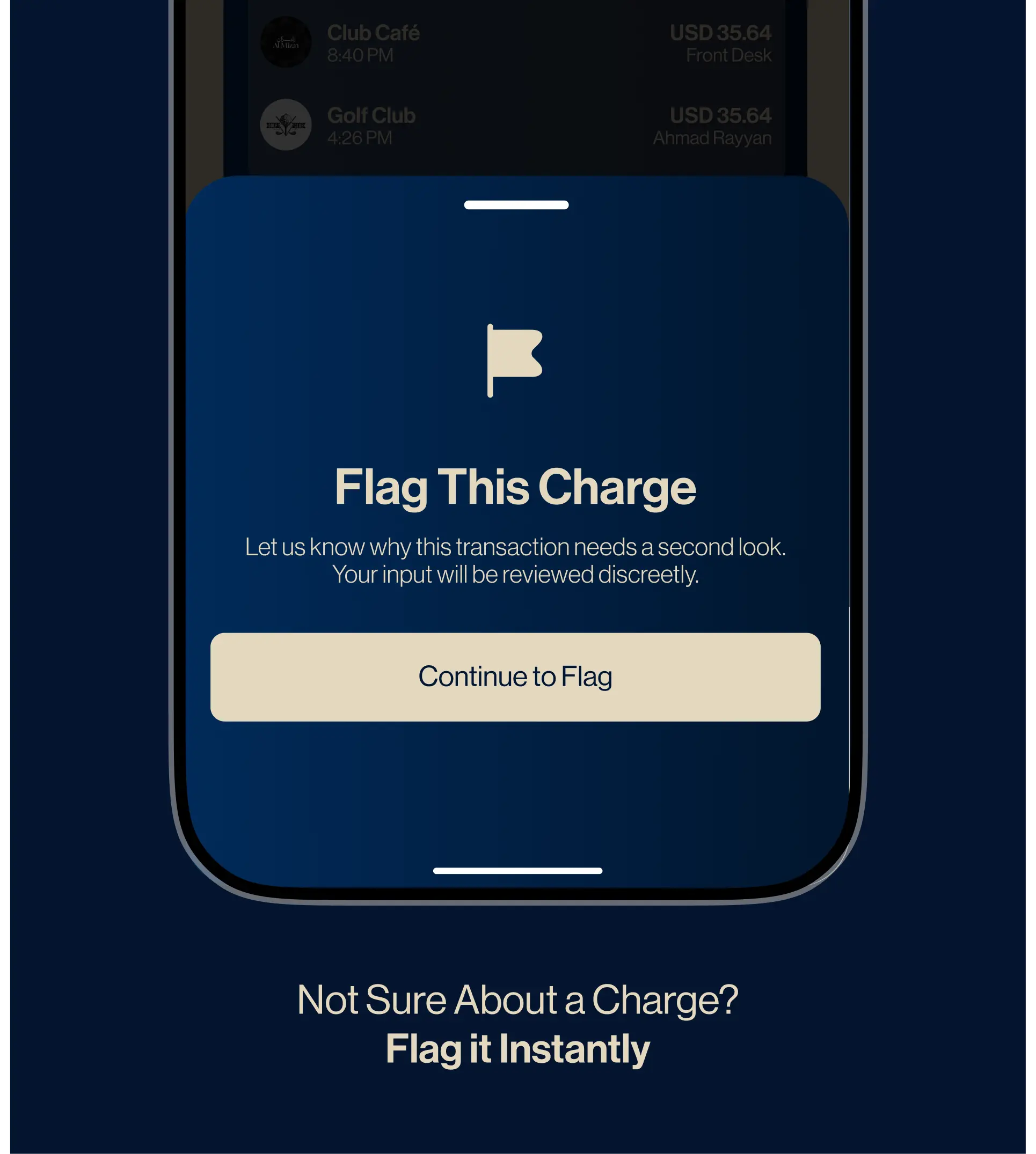 VRYFI NOW consumer app dispute filing screen with Flag This Charge prompt for instant dispute submission