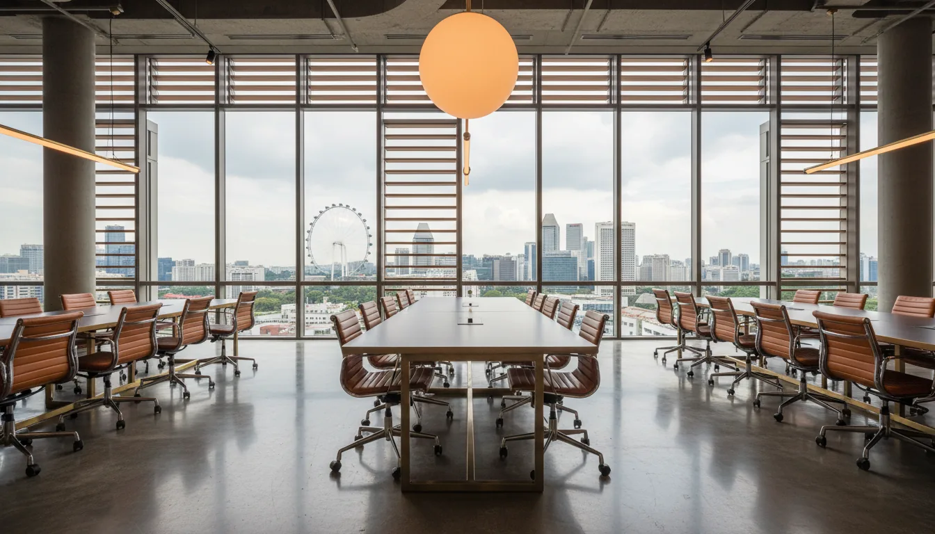 Wide-angle DSLR architectural photograph of a modern, upscale coworking space. The interior features polished concrete floors, long communal tables with dark tops and brushed brass frames, and iconic ribbed office chairs in burnt-orange leather. A large spherical pendant lamp provides warm ambient light. Expansive floor-to-ceiling windows with horizontal louvers reveal a panoramic view of the Singapore city skyline under a slightly overcast sky, with a large Ferris wheel visible in the distance. Deep depth of field, sharp focus, professional and clean aesthetic.