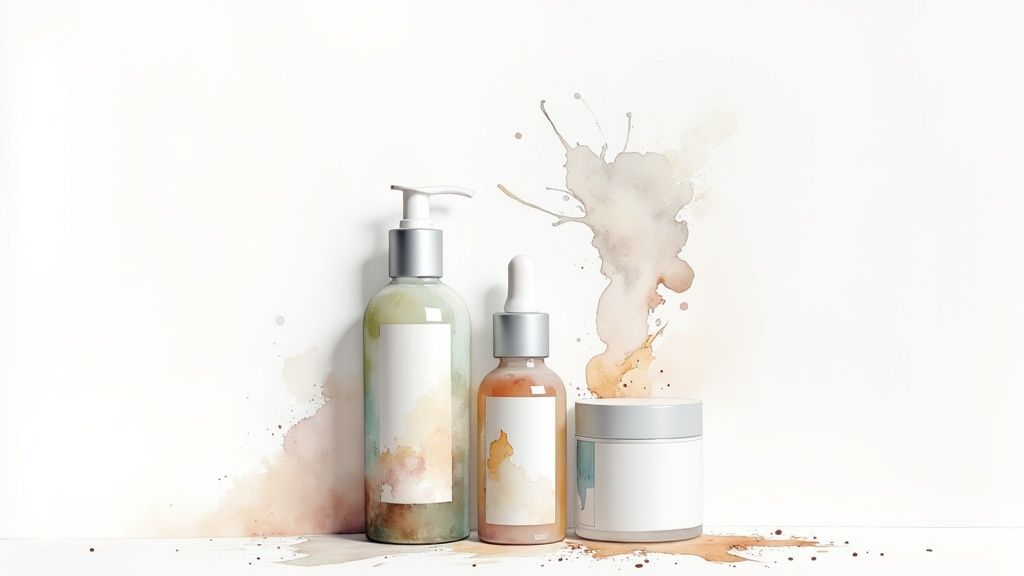 Three minimalist cosmetic product containers with blank labels, surrounded by natural watercolor splatters.
