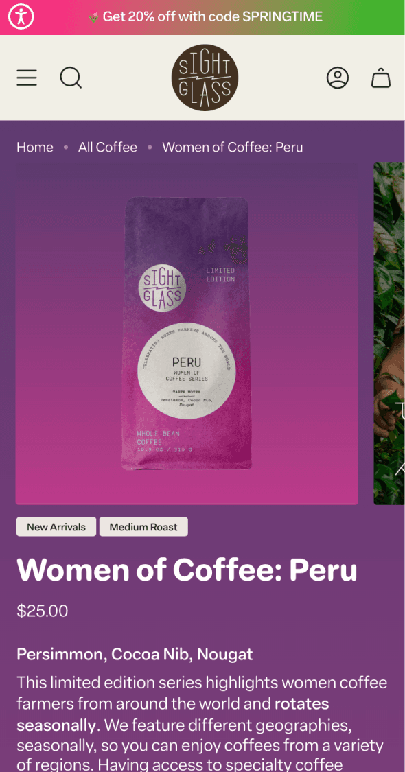Mobile Shopify product storytelling page for Sightglass Coffee featuring Women of Coffee Peru