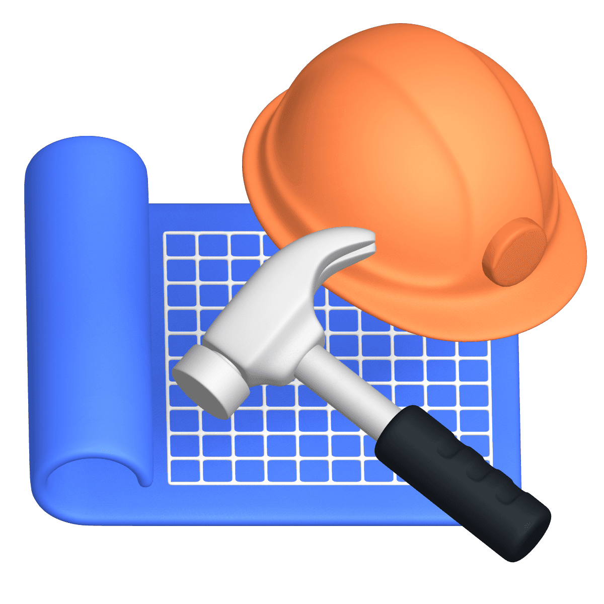 3D icon featuring an orange construction helmet, a silver hammer and a rolled blue blueprint.