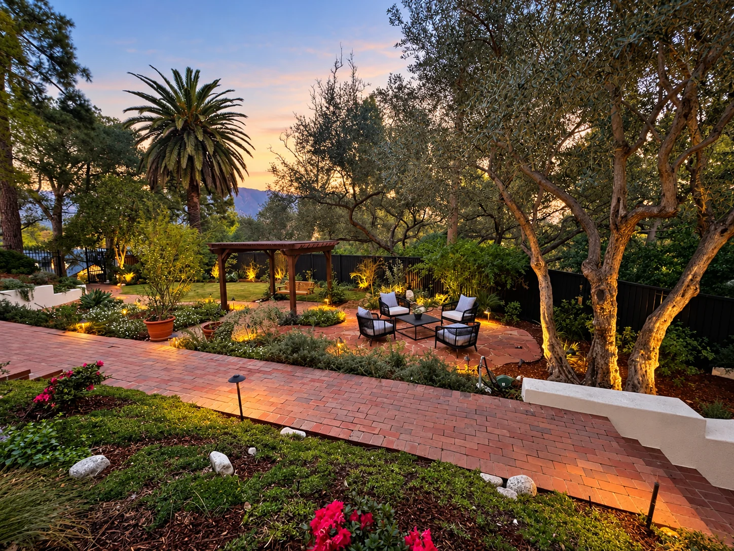 california backyard with pergola and seating around mediterranean landscaping