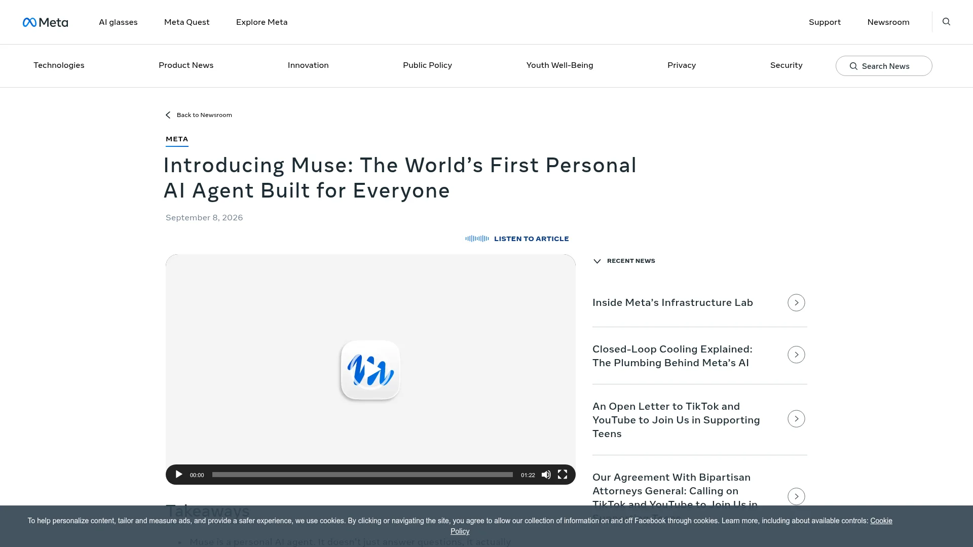 Meta Muse personal AI agent announcement page on the Meta newsroom