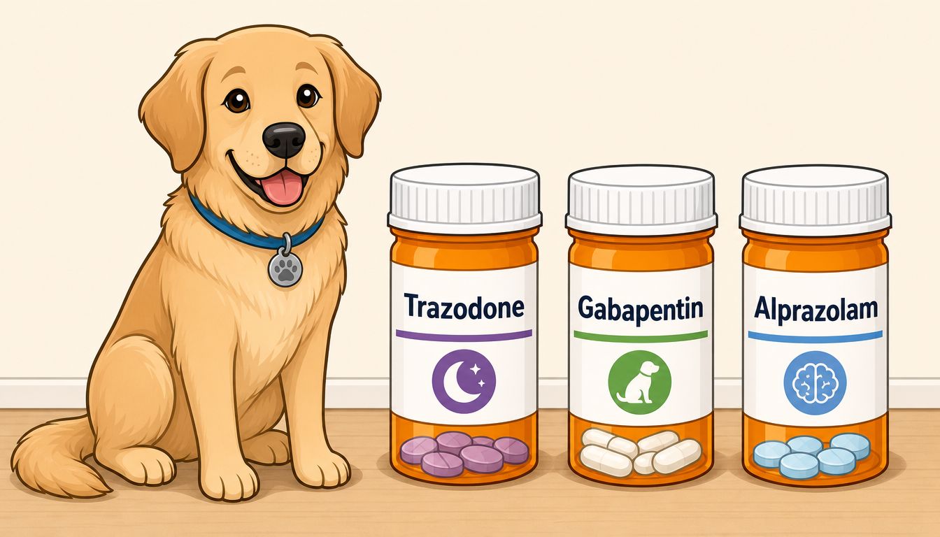 A happy golden retriever sits next to three prescription medication bottles labeled Trazodone, Gabapentin, and Alprazolam.