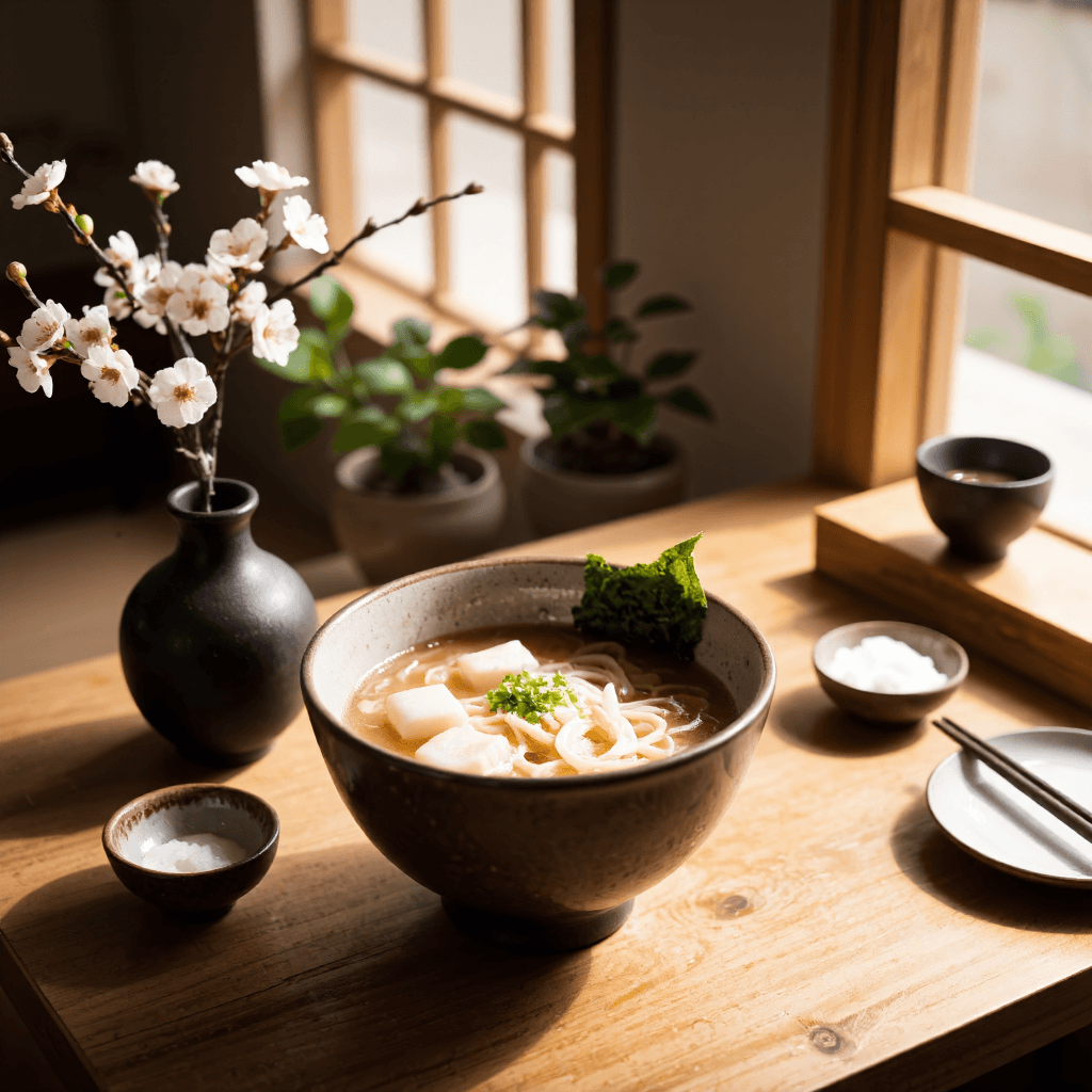 product photography of A bowl of udon noodle soup with fish cake, crab stick, and seaweed