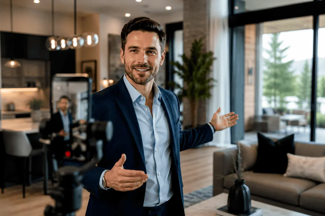 A real estate professional recording a property walk-through video on a smartphone for social media marketing.