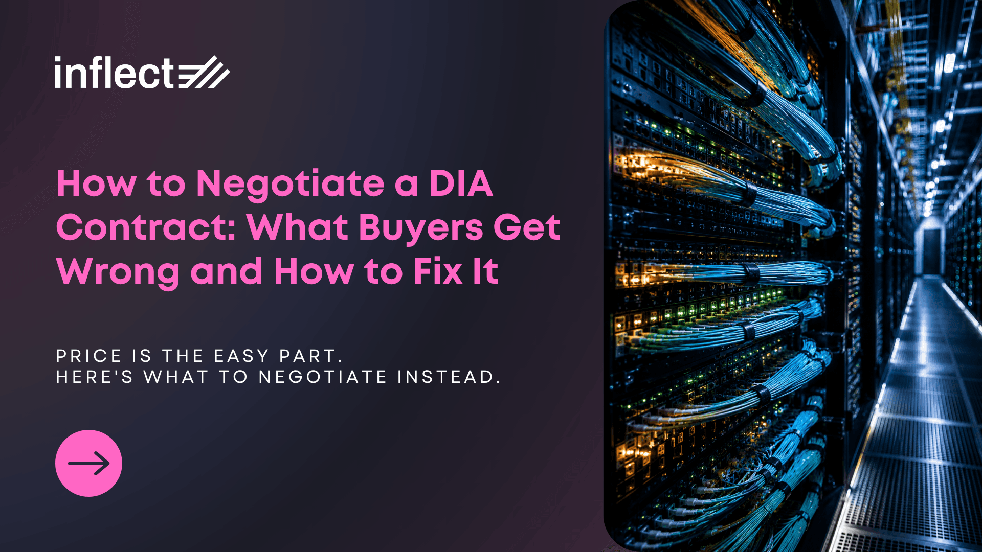 Blog post cover image for "How to Negotiate a DIA Contract: What Buyers Get Wrong and How to Fix It" — rows of colorful fiber optic cables running through a data center network rack