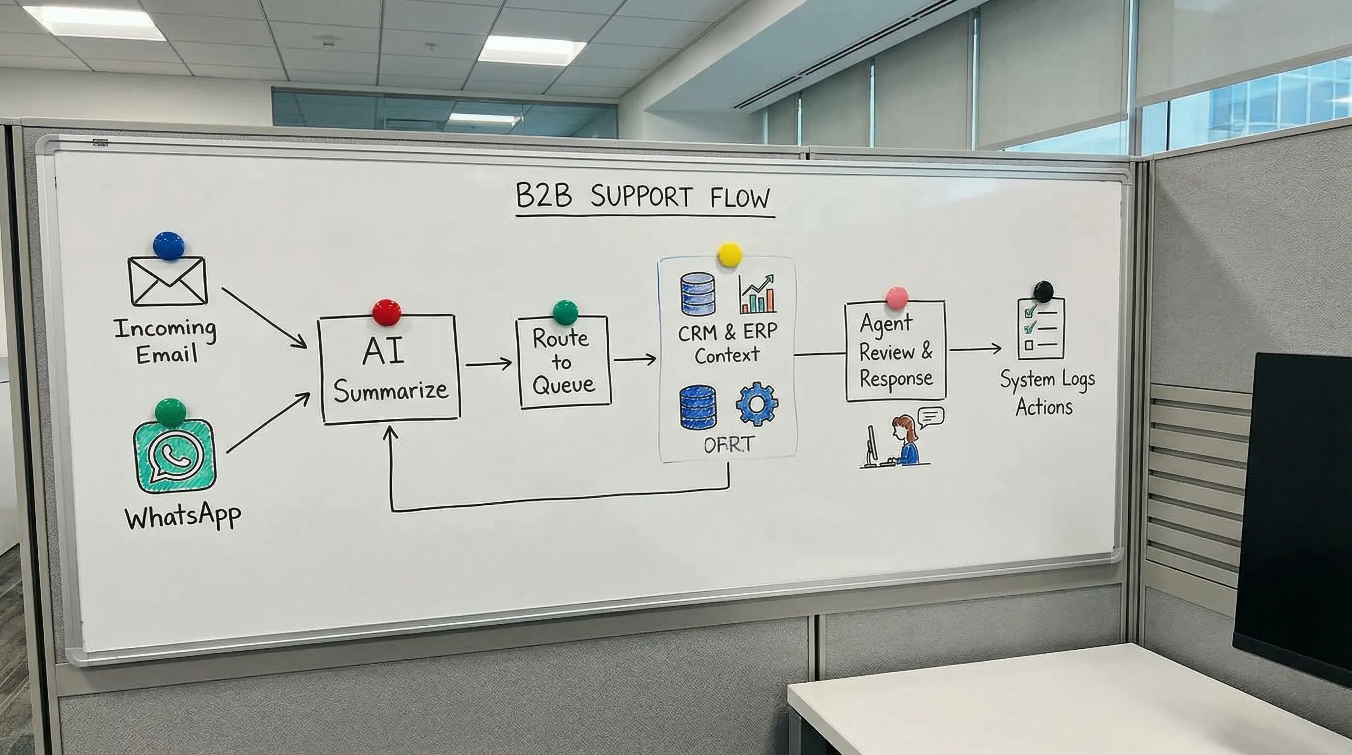 A simple flow illustration of a B2B support request: incoming email or WhatsApp message gets summarized by AI, routed to the right queue, enriched with CRM and ERP context, then an agent reviews and sends a response while the system logs actions automatically.