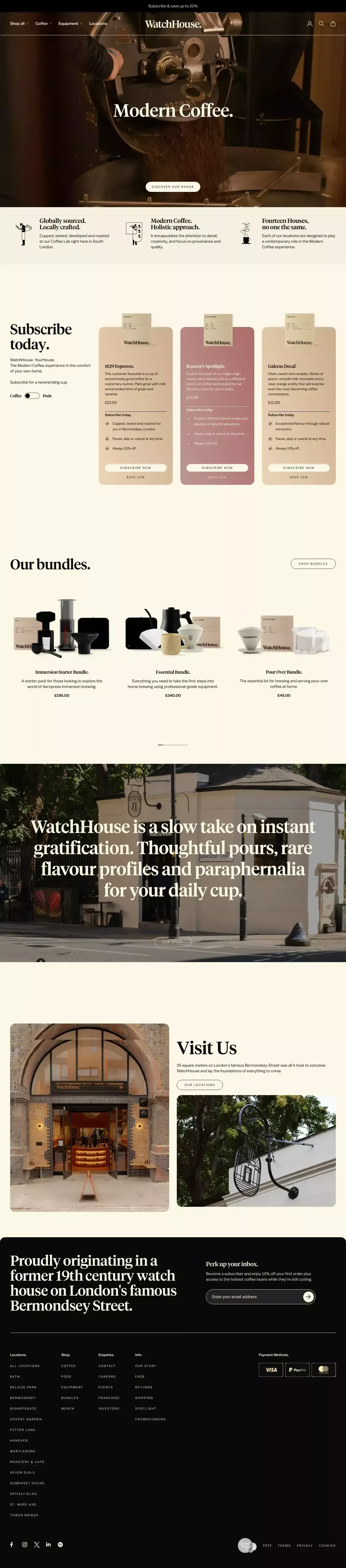 WatchHouse. Modern Coffee. ecommerce page screenshot showcasing Food & Drinks and Ecommerce design