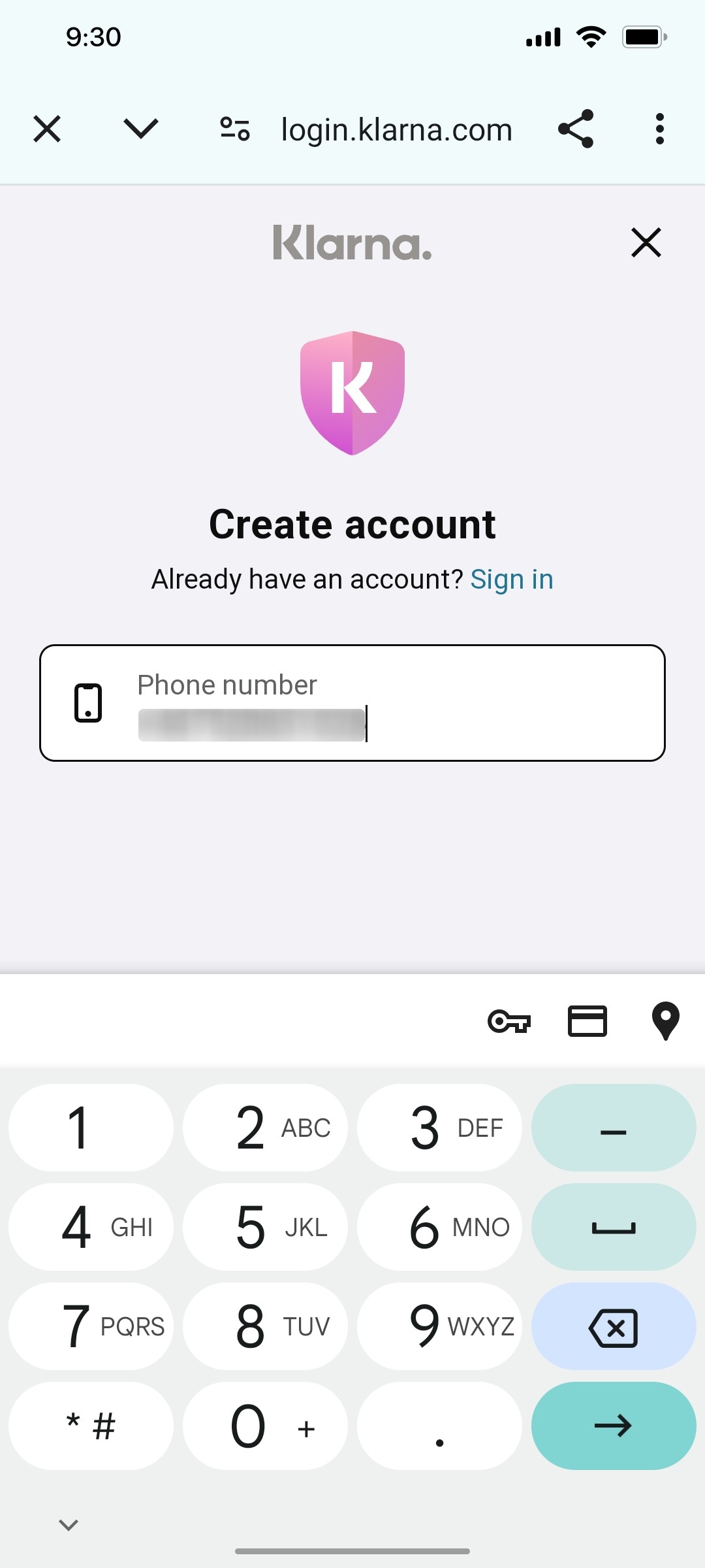 Klarna Enter  Correct Mobile Number Screen