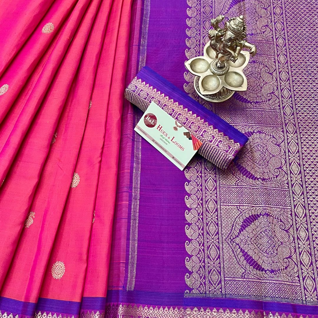 Peachy pink and Dark Orchid Kanchivaram Silk Saree