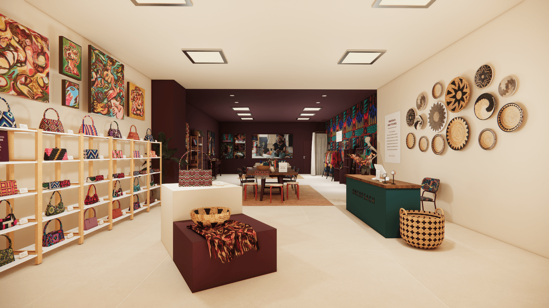 Retail interior design concept for ONEOFEACH at Pacific Place, featuring layered displays, warm materials, artwork, and a community-focused Social Atelier.