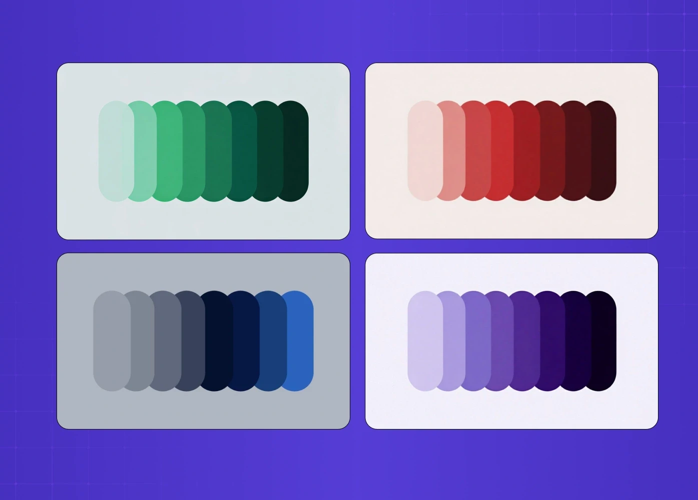 Four monochromatic color palettes displaying gradients of green, red, blue, and purple shades from light to dark.