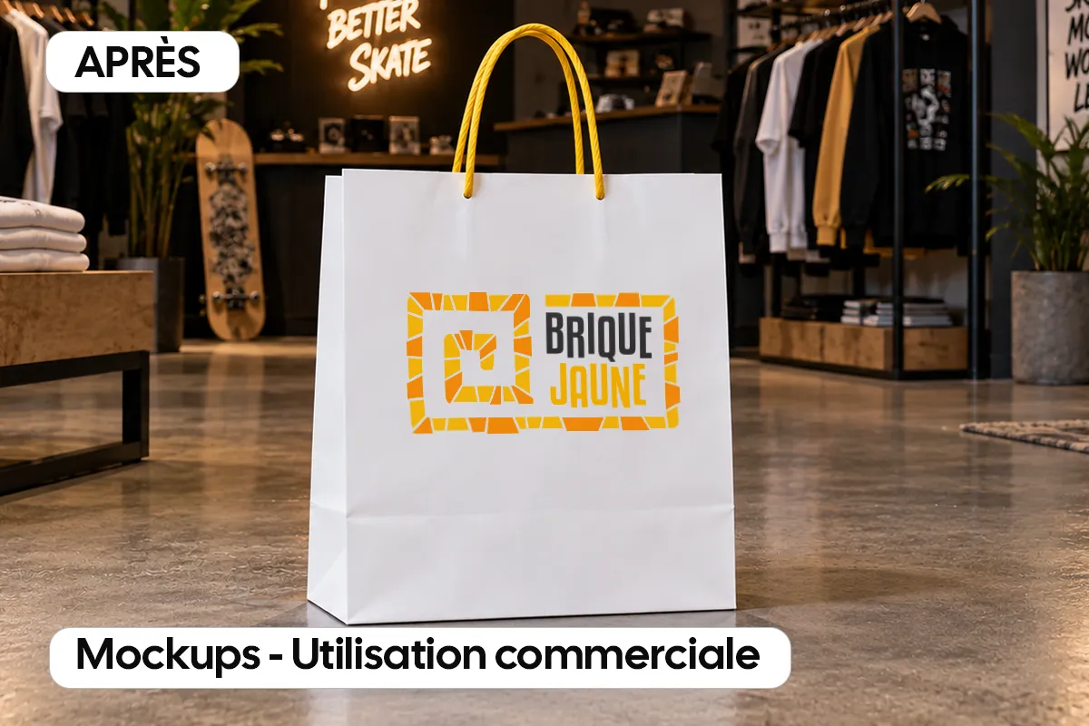 Représentation du logo Brique Jaune sur un sac kraft blanc dans un magasin de type skateshop.